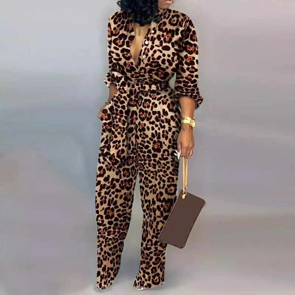 Leopard Tied Waist Long Sleeve Jumpsuit Women